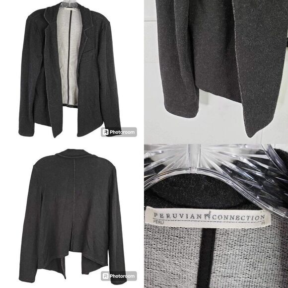 Peruvian Connection Cardigan Terry On Womens Size Medium M Gray Black Open Front - Picture 1 of 7